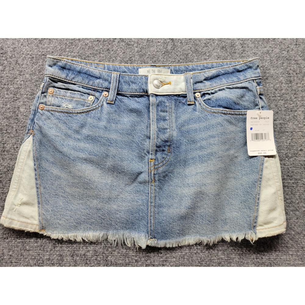 Free People We The Free Patched Up Indigo Denim Mini Skirt Blue 27 OB798899